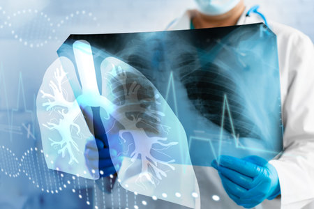 Medical professional examines lung x-ray in clinic setting during daytime for patient analysis