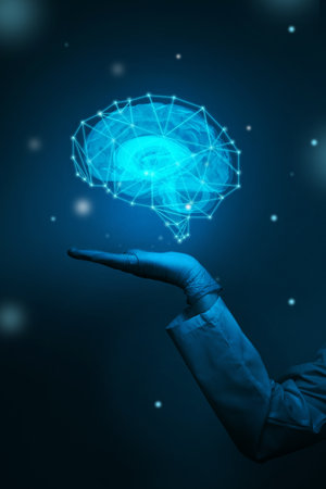 Futuristic hand holding a glowing blue brain in a dark setting