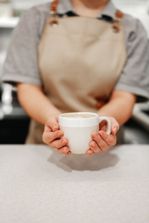 Barista serves a steaming cup of coffee at a cozy cafe during a busy morning rushの写真素材