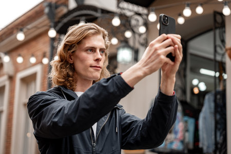 Young man takes selfie in urban street with decorative lights in eveningの写真素材