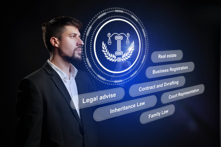 Legal professional exploring various law services in a modern digital environmentの写真素材