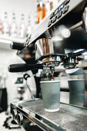 Barista prepares coffee in modern cafe during busy morning rush in urban settingの写真素材