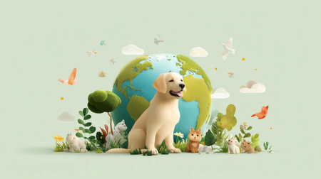 Happy animals and a dog around a globe in a colorful landscape representing natureの素材
