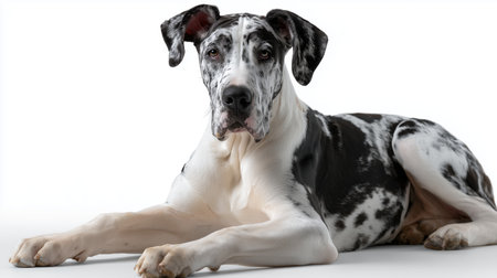 Great Dane rests calmly on a white background in a studio settingの素材