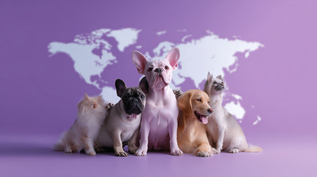 Dogs of different breeds pose together in front of a world map on a purple backgroundの素材