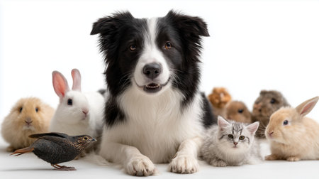 Group of small pets and a dog sitting together on a light backgroundの素材