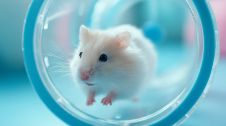 White hamster running in a clear exercise wheel on a colorful backgroundの素材
