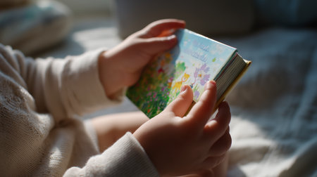 Child enjoys reading a colorful storybook on a sunny afternoon indoorsの素材