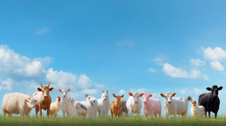 Farm animals standing together in a green field under a bright blue skyの素材