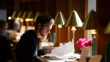 Student studying quietly in a library with warm lighting and blooming flowersの素材