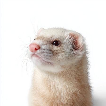 Ferret poses for a close-up portrait against a white backgroundの素材
