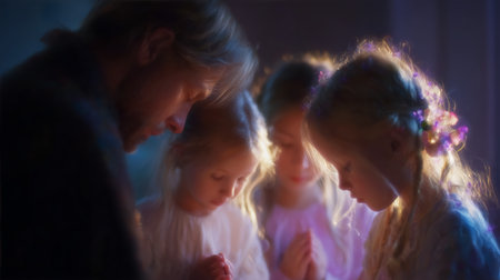 Group of children and an adult sharing a moment of prayer in a softly lit roomの素材