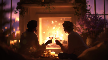 Two friends enjoying a cozy evening by the fireplace with drinks and snacksの素材