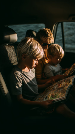 Children enjoy story time in a car by the water during a sunny afternoonの素材