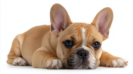 Cute French bulldog puppy lying down on a white background with curious expressionの素材