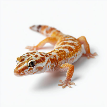 Leopard gecko exploring a white surface in a well-lit indoor environmentの素材