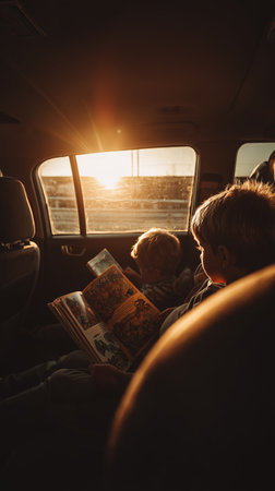Children enjoy reading a book while traveling in a car at sunsetの素材