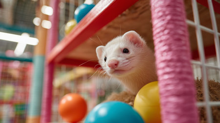 Ferret explores colorful play area filled with plastic balls and cozy surroundingsの素材