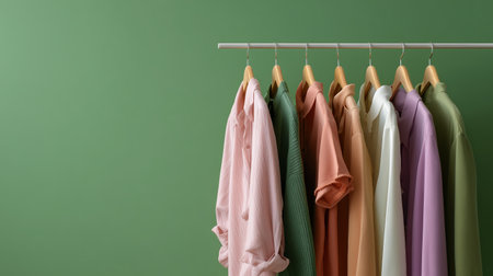 Colorful shirts arranged on a hanger against a muted green wall in a stylish displayの素材