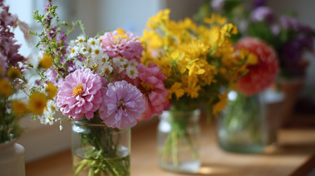 Colorful bouquet of wildflowers in jars on a wooden table during sunny morningの素材