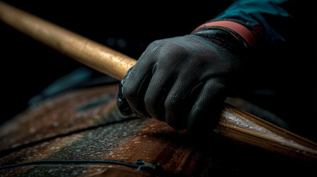 Hand gripping a paddle in a rainy mountain lake setting during an outdoor adventureの素材