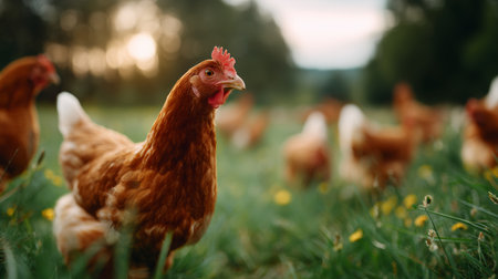 Chickens roaming in a green field during golden hourの素材
