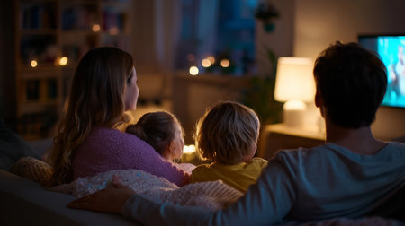 Family enjoys movie night together in cozy living room during eveningの素材