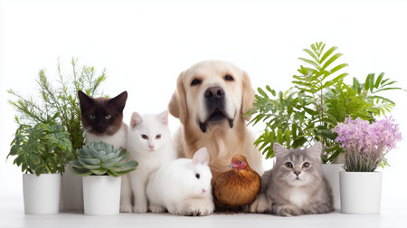 Diverse group of pets with plants in a bright indoor settingの素材