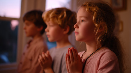 Children engaged in quiet prayer during a serene evening at homeの素材
