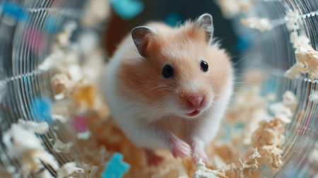 Cute hamster running in a wheel surrounded by cozy bedding and colorful toysの素材