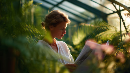 Woman reading a newspaper in a greenhouse surrounded by vibrant plants in the morning lightの素材