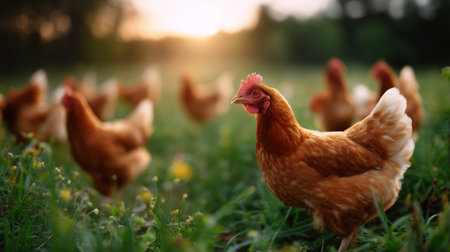 Chickens foraging in green grass during sunset on a farm in rural countrysideの素材