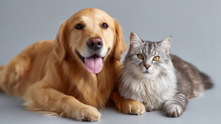 Golden retriever and gray cat relaxing together in a cozy studio settingの素材