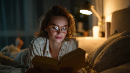 Cozy evening reading in bed under soft lamp lightの素材
