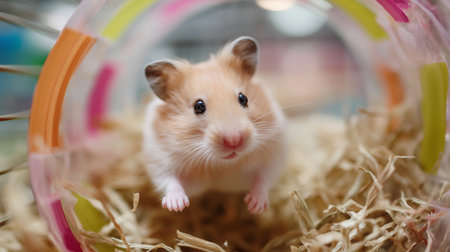 Hamster plays in colorful tunnel surrounded by bedding straw at pet shopの素材