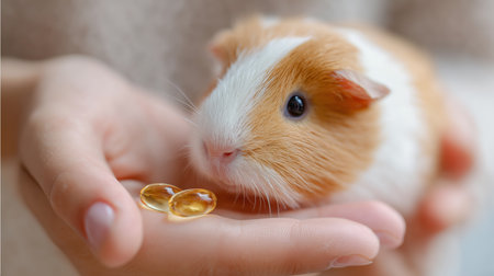 Caring for a pet guinea pig while showing vitamins in a persons handの素材