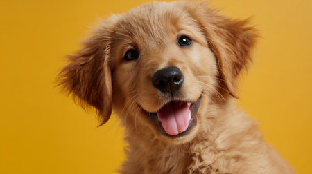 Happy golden retriever puppy with a bright expression against a yellow backgroundの素材