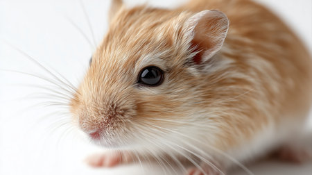 Cute golden-brown gerbil exploring a bright surface in a cozy environmentの素材