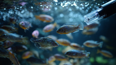 Colorful fish swimming in a large aquarium with bubbling filtration systemの素材