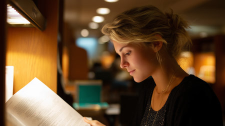 Woman reading a book in a cozy library setting during the eveningの素材