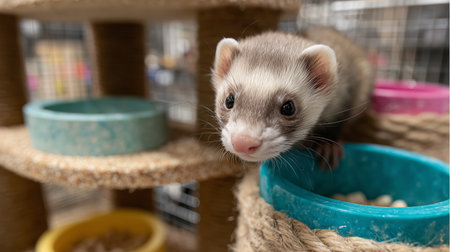 Ferret exploring colorful bowls in a playful indoor settingの素材