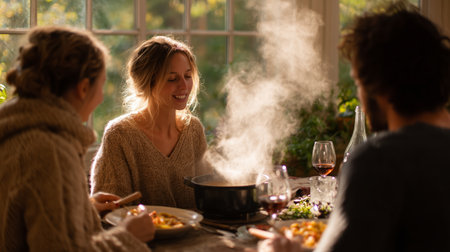 Friends gather around a warm meal in a cozy setting during a sunny afternoonの素材