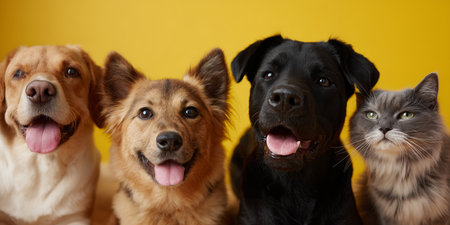 Four happy pets smiling against a bright yellow background in a cheerful settingの素材