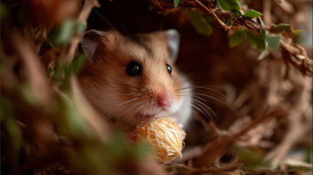 Hamster enjoying a playtime snack in a cozy nest during the afternoonの素材