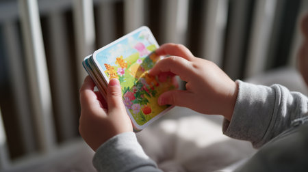 Child exploring colorful picture cards in a cozy indoor setting during the afternoonの素材