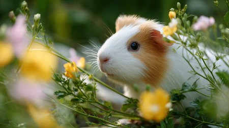 Cute guinea pig exploring vibrant flowers in a sunny gardenの素材