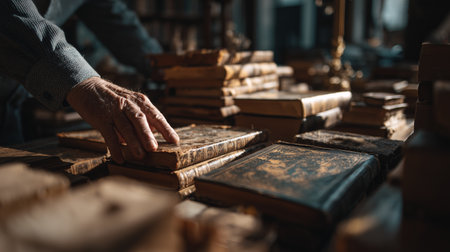 Exploring vintage books in a cozy library during late afternoon lightの素材