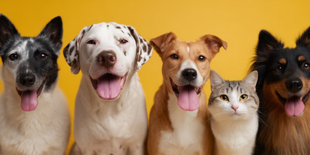 Happy dogs and a cat posing together in a bright settingの素材