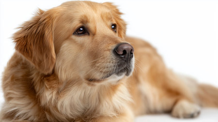 Golden retriever resting and looking curiously in a bright indoor settingの素材
