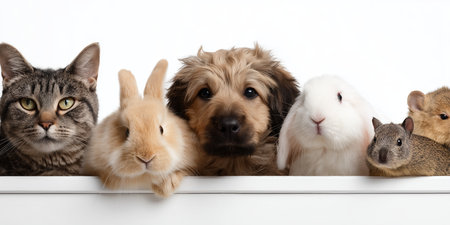 Group of various pets posing together in a simple, clean studio settingの素材